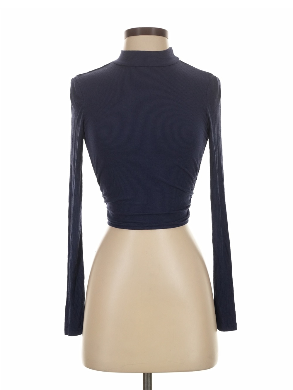 Long Sleeve Navy Backless Cropped Mock Neck Top